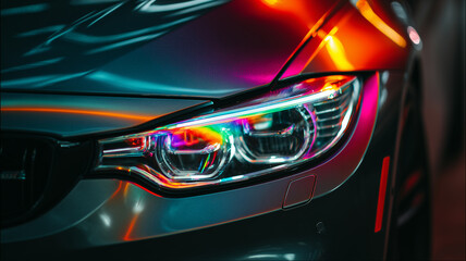 Close up of multi-color bi-LED headlights on a modified car with a sharp light pattern.