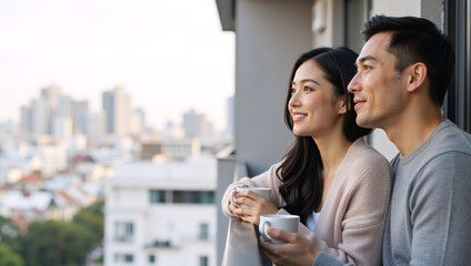 Happy Asian couple drinking coffee on a balcony with city view. Young man and woman holding mugs and looking at urban skyline. Romantic morning lifestyle concept