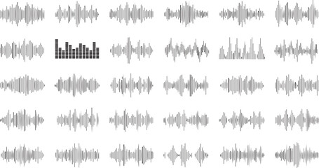 Podcast sound waves with sound wave frequency or voice microphone signals, audio waveforms line icons. UI and audio branding design for music, podcast and broadcast. Isolated vector set.eps