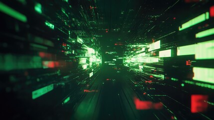 Abstract digital data stream, representing fast information transfer and communication within a complex network tunnel, creating a futuristic technology background