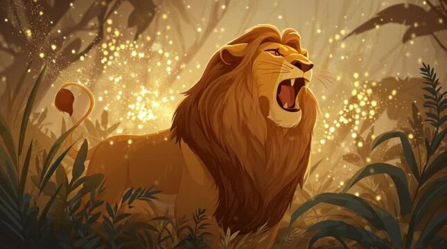 Majestic Lion Roaring in Golden Jungle Illustration Animation