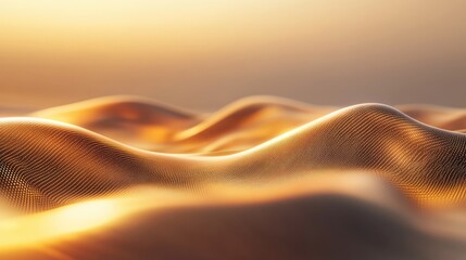 Warm glowing golden waves of interconnected particles forming a fluid digital landscape, suggesting data visualization, ai network architecture and futuristic technology motion and light effects