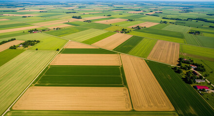 Vast patchwork of cultivated fields and meadows seen from high altitude on sunny day
