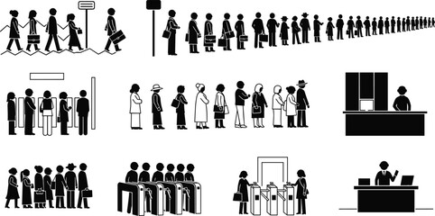 People queue silhouette collection, waiting lines at stations, offices and services, modern daily life black illustrations on white background
