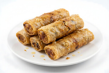 Vietnamese cha gio, crispy fried spring rolls with blistered golden surface and irregular shape, classic Vietnamese appetizer, on a white plate with white background, suitable for food advertisement