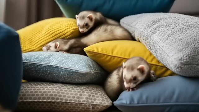Cute Ferrets Playing Amongst Colorful Pillows Indoors.