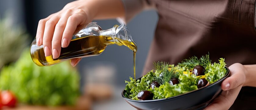 Close-up view of hands pouring olive oil over a fresh summer salad with avocados and greens for healthy eating at home - Powered by Adobe