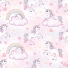 Dreamy watercolor unicorn seamless pattern. Magical wallpaper background with clouds, rainbows, love hearts and stars on a pink purple texture. Fantasy print design. Vector.