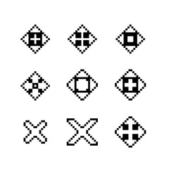 Set of pixel art geometric symbols in retro 8-bit style, including crosses, plus signs, square markers and abstract UI shapes for interfaces, apps, games, menus and digital design.