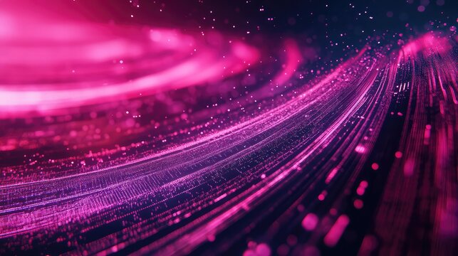 Abstract background showing bright pink and purple glowing particles forming dynamic lines, representing high speed digital data transfer, modern technology, and global network connections - Powered by Adobe
