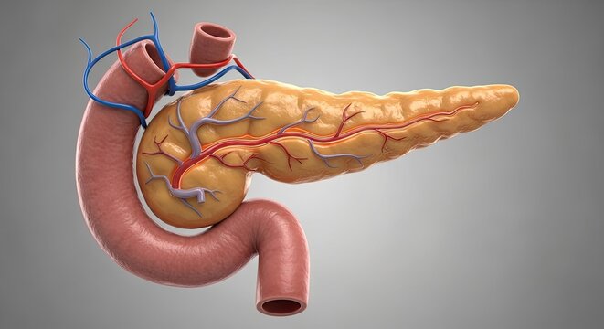 3d Illustration Pancreas and Duodenum Human Digestive System Anatomy Showing Internal Organ Structure Vessels Medical Diagram on Gray Background Exactly 200 Characters