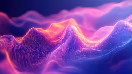 Glowing abstract network landscape of interconnected data points and flowing light waves, visualizing dynamic information, communication and futuristic technological systems in neon colors