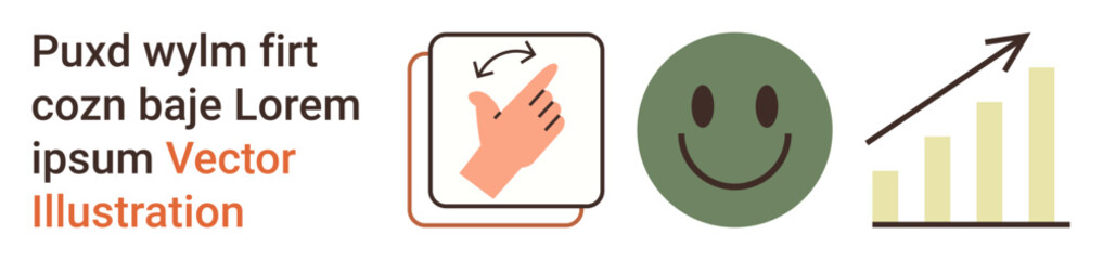 Communication, feedback, growth, usability, analytics, progress. Hand gesture icon with circular arrow, green happy face and bar chart increase. Communication and feedback ideas visualization