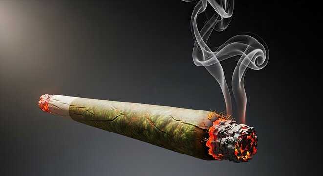 Close Up Rendering of Lit Marijuana Joint with Burning Ember and Smoke Wisps Against Gradient Dark Gray Backdrop Depicts Cannabis Use and Recreation