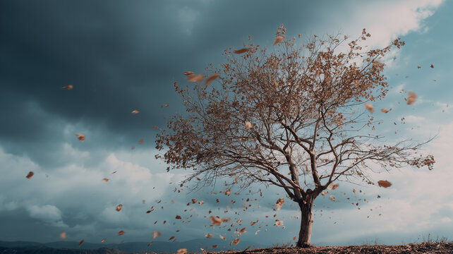 A dry tree with fallen leaves stands alone with brittle branches. - Powered by Adobe