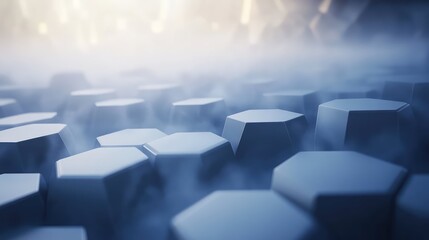 Obraz premium Blue geometric hexagons forming a futuristic patterned surface, glowing with light through a smoky mist, representing data, communication, and technological progress