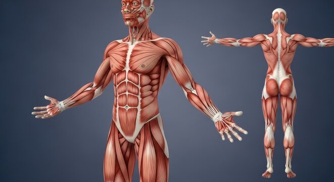 Human muscular system anatomy muscle structure body muscle front view back view anatomical representation athletic physique human body muscular build