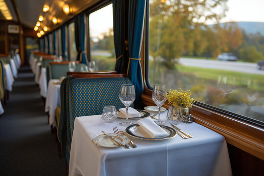 An inviting table set for dining in a train car enhances the charm of travel, featuring elegant tableware that suggests comfort and memorable experiences on the journey.