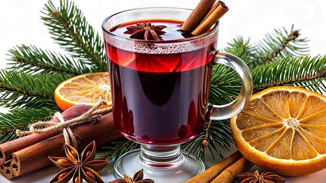 Festive mulled wine with spices for Christmas. A hot winter holiday drink with orange, cinnamon, and star anise. Traditional cozy beverage on a white background
