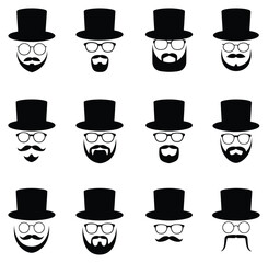 Vintage gentleman icons set with top hat, glasses, and diverse beard styles. set of hats