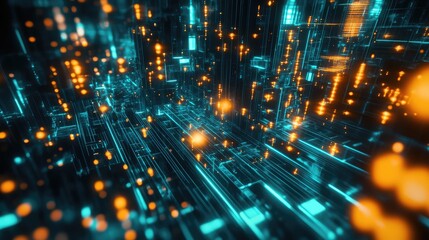 Abstract network grid visualizing digital data flowing with glowing light particles, representing connection, communication, and information technology concepts in a futuristic system