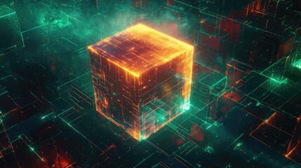 Illuminated cube with intricate circuitry and glowing lines representing a core processing unit in an interconnected digital network, symbolizing ai, data flow and futuristic computing