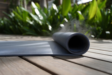 A grey yoga mat unrolls on a sunlit wooden deck, ready for outdoor exercise in a peaceful setting.