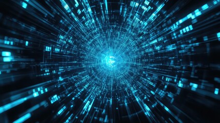 Obraz premium Digital data flowing rapidly through an abstract blue illuminated tunnel, representing modern technology, high speed internet, and global network connections for information transfer