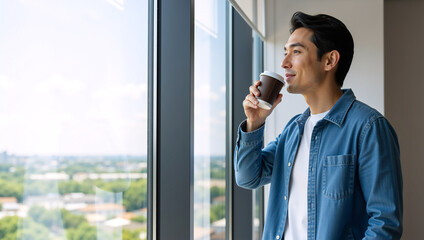 Fototapeta na wymiar Happy Asian man drinking coffee by a large window with city view. Young businessman taking a break in a modern office
