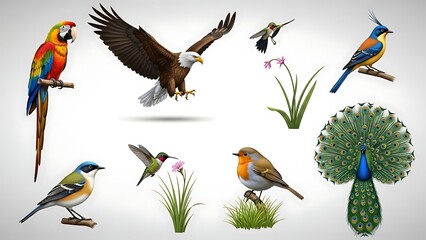 Naklejka premium Vibrant birds in flight and perched in natural settings with flowers