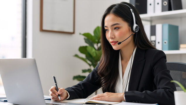 Asian call center agent with headset working in customer service. Professional woman consulting client online and taking notes at her desk