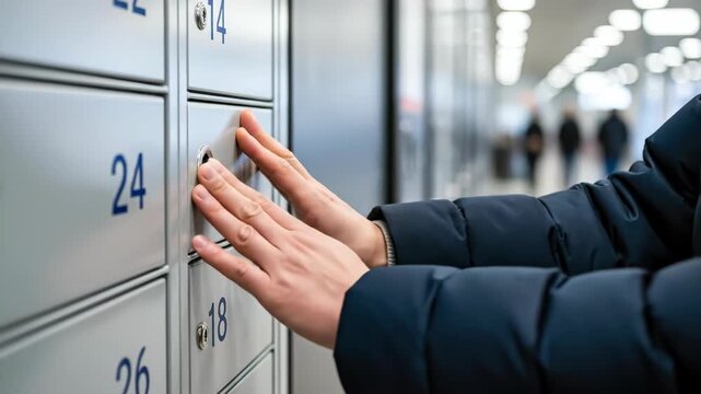 Woman receiving and securing a delivery package from an automated locker system. Using modern mail services.