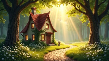 A whimsical, cozy cottage (with a steep red-tiled roof, ivy, and warm-glowing windows) sits between giant trees in a sunlit forest clearing. 
