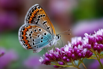 Fototapeta premium Butterfly on Purple Flowers Close Up
