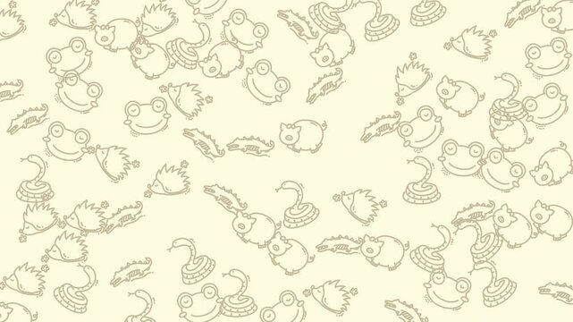 Looping seamless pattern of cute frog doodles on cream background.