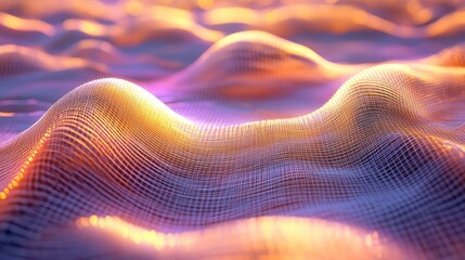 Abstract digital landscape featuring glowing, undulating mesh waves and data threads creating a vibrant, interconnected network, representing technology, communication, and information flow