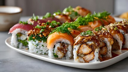Assorted sushi rolls with salmon and toppings served on a white plate for Japanese cuisine and restaurant food concept
