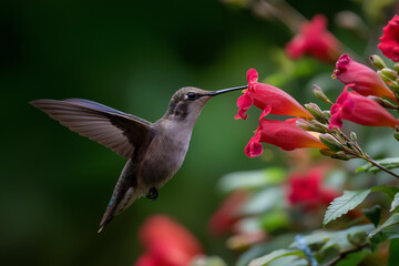 Fototapeta premium A mesmerizing photograph of a hummingbird delicately hovering near vibrant red flowers, symbolizing the beauty of nature and the intricate dance of pollination in ecosystems.