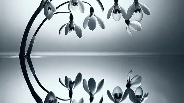 Artistic black and white snowdrop flowers reflecting in still water. A minimalist still life composition of delicate spring blooms. Purity and new beginnings concept