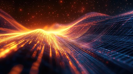 Abstract digital landscape featuring glowing data lines and particles forming a dynamic wave pattern, representing concepts of technology, connectivity, and modern communication