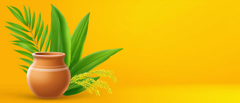 Pongal harvest festival banner with traditional clay pots filled with rice, sugarcane leaves and wheat on yellow background, festive indian agriculture concept for holiday banners, posters, web head
