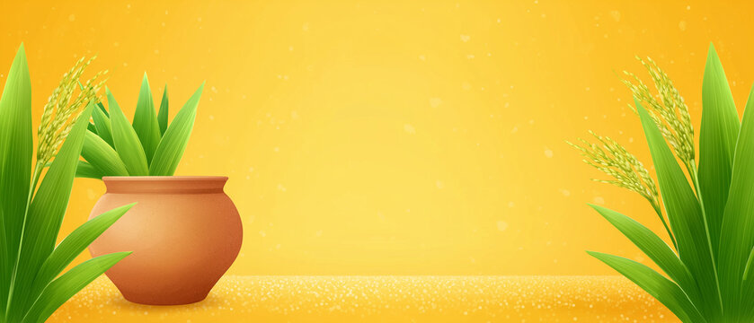 Pongal harvest festival banner with traditional clay pots filled with rice, sugarcane leaves and wheat on yellow background, festive indian agriculture concept for holiday banners, posters, web head