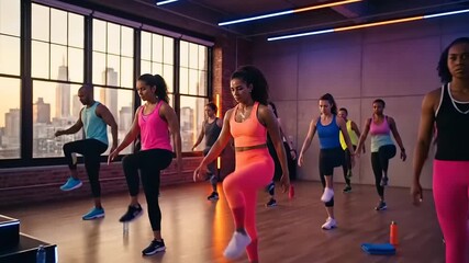 Diverse group of people enjoying a highenergy fitness class in a modern studio.