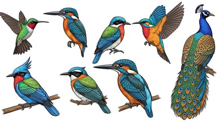 Naklejka premium Vibrant bird collection with peacock and kingfishers in flight