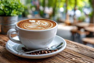 Latte art heart coffee cup on rustic wooden table
