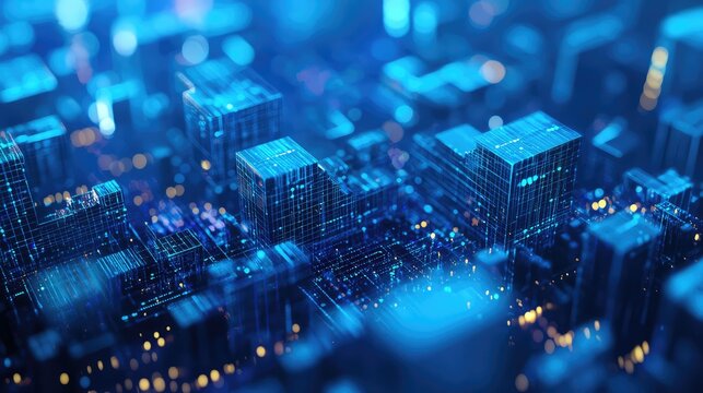 Digital city conceptualizing advanced technology, smart grid infrastructure, and global network data flow with glowing lights on a futuristic circuit board representing innovation and connectivity