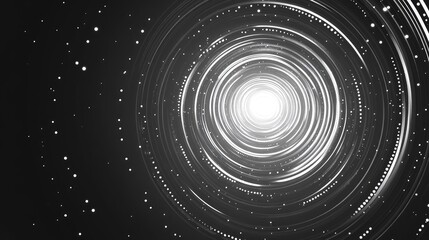 Mesmerizing abstract tunnel of concentric lines and glowing particles spiraling toward a bright central light, suggesting a futuristic vortex, data stream, and cosmic journey