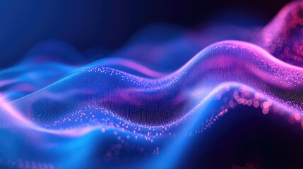 Abstract wavy surface generates a flowing network of illuminated particles, visualizing data, sound waves, or digital information processing in a futuristic technology concept