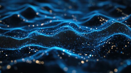 Shimmering particles creating a dynamic blue wavy grid, visualizing big data, artificial intelligence, and global network connections in a futuristic abstract digital landscape