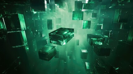 Green luminous cubes float in a dark, ethereal data space, representing concepts of digital information, blockchain technology, quantum computing, and complex virtual reality environments